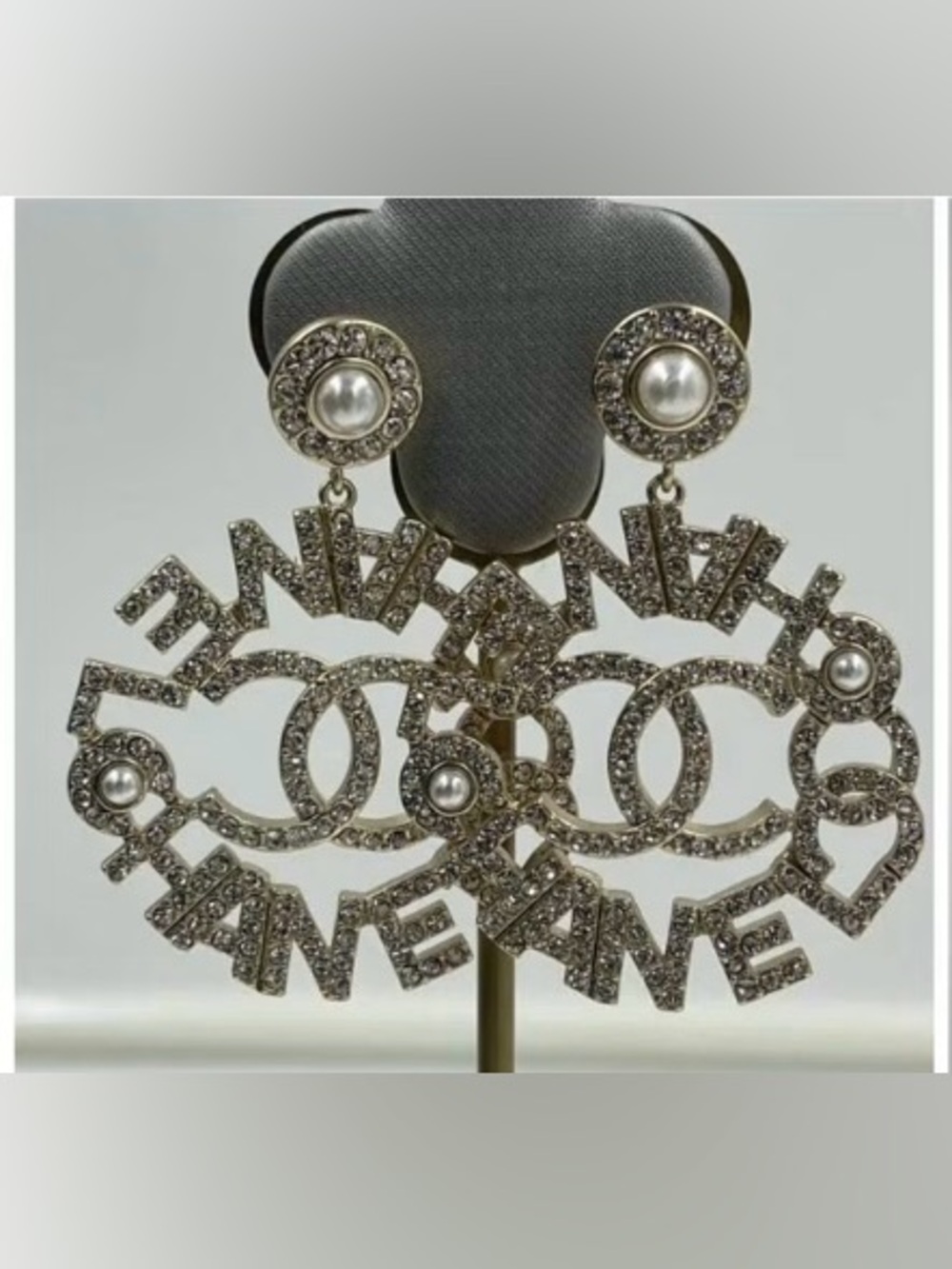 ChaneI Crystal and Faux Pearl Dangle Spell-Out Double Logo Earrings